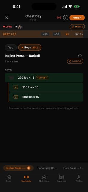 A friend's tab inside a live session, showing their logged sets, an indented drop chain, and a TOP SET badge