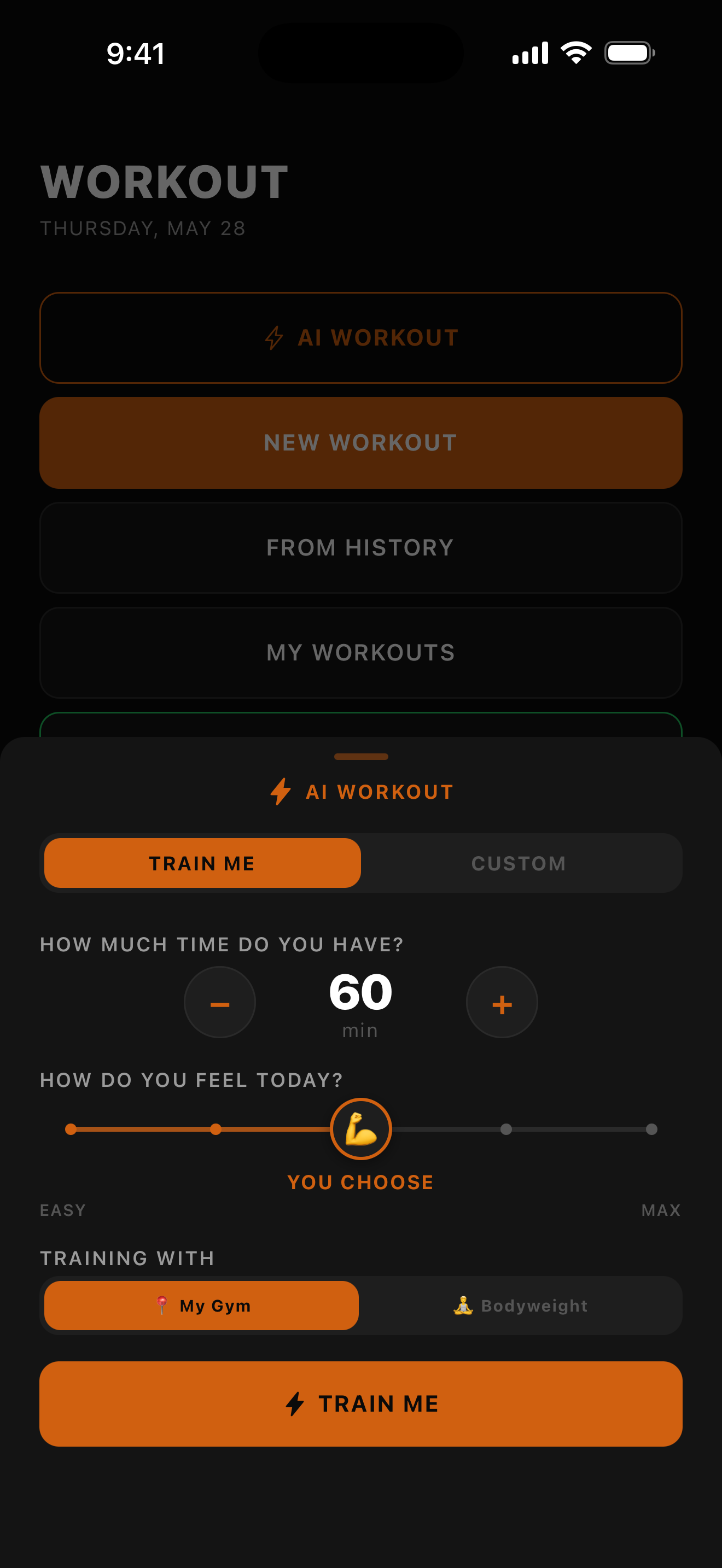 AI Workout modal with time, intensity, and equipment controls
