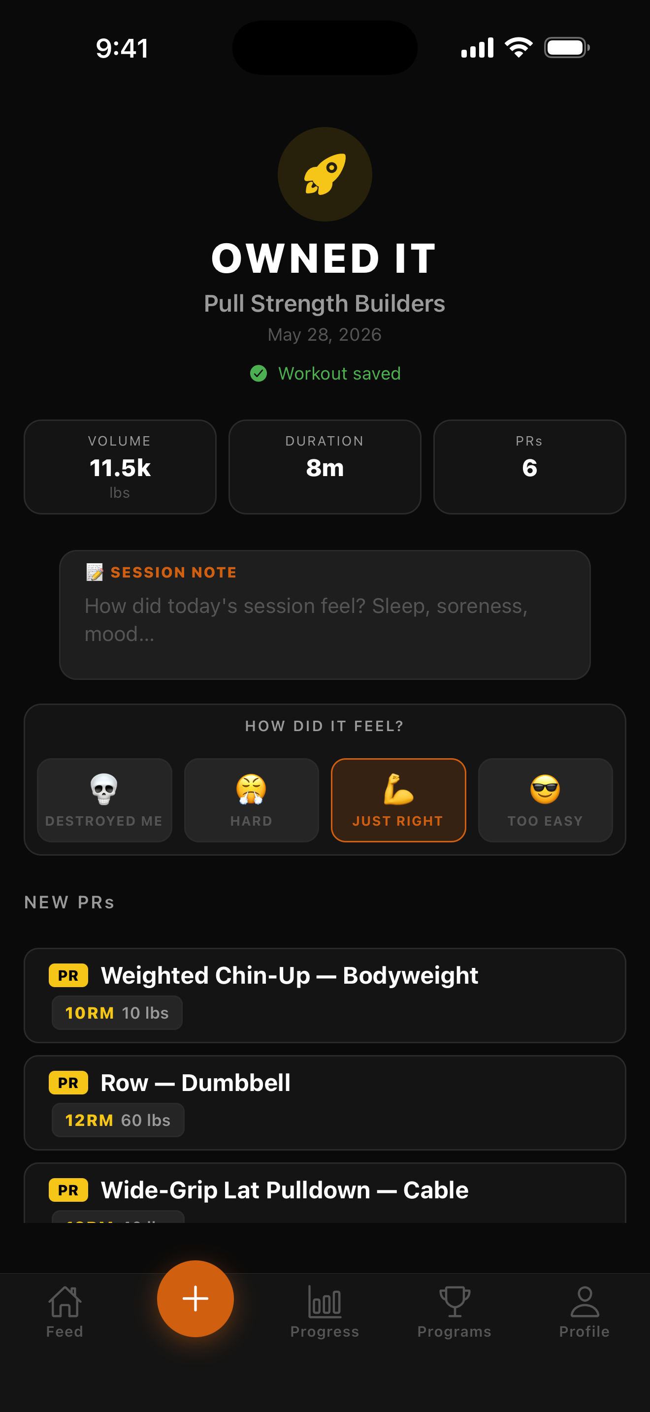 Post-workout review with HOW DID IT FEEL reaction tiles and new PRs