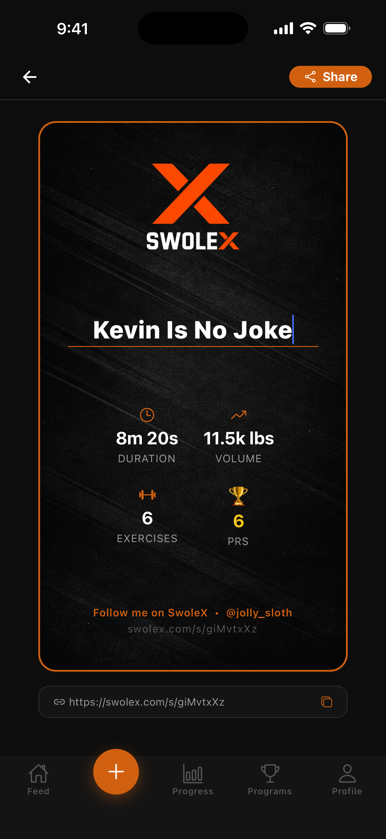 Branded SwoleX share card with workout title, stats, and a shortcode URL