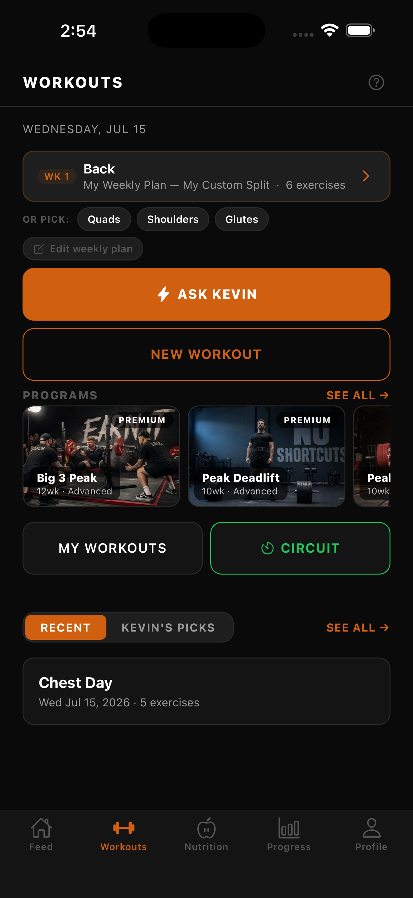 The SwoleX Workouts tab with the weekly plan and programs