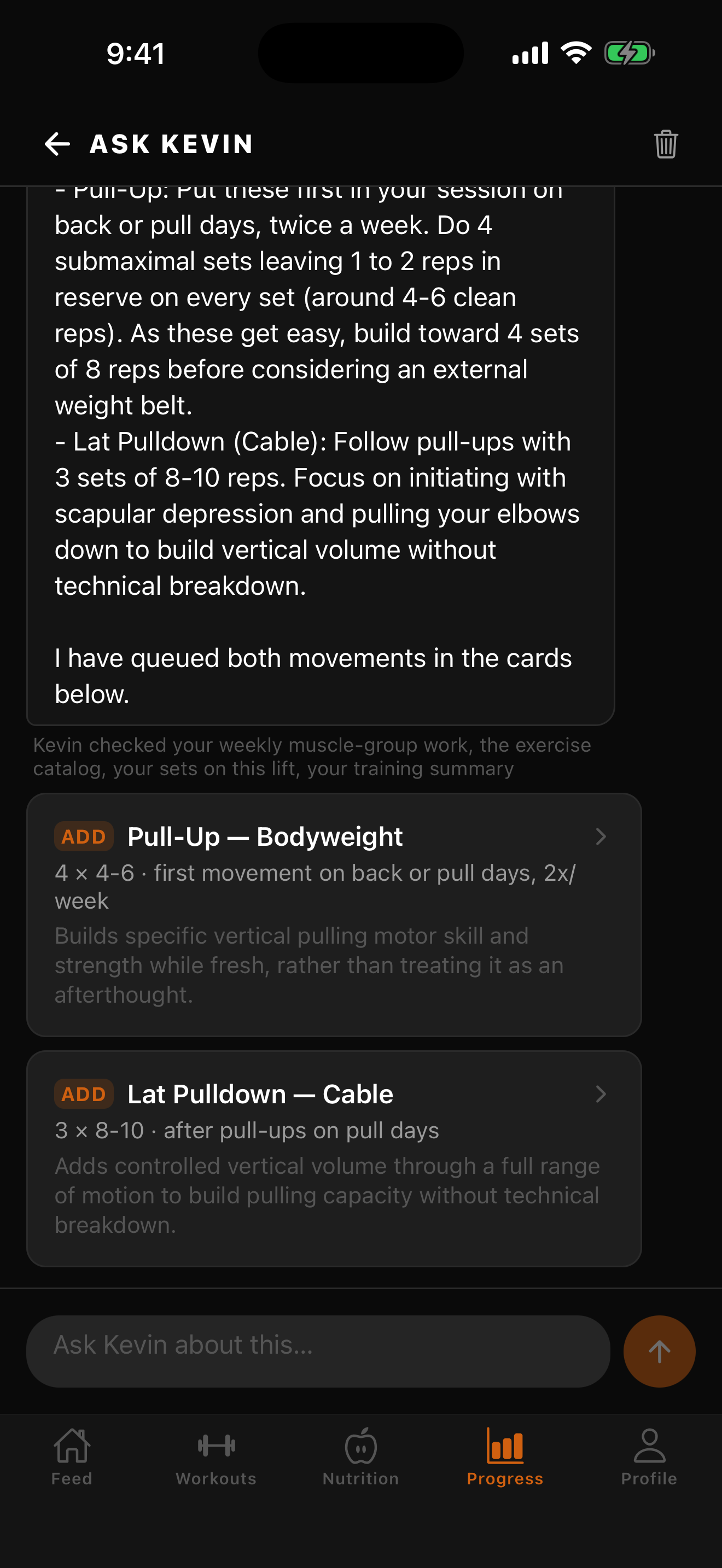 Ask Kevin — tappable exercise cards