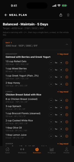 Meal plan day view with breakfast, lunch, and dinner, per-item portion steppers, and log-meal buttons