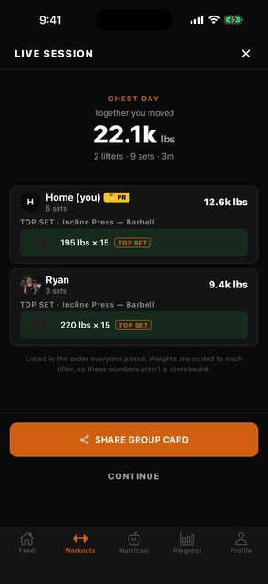 Live session recap showing a combined total, each lifter with their sets and top set, and a share group card button